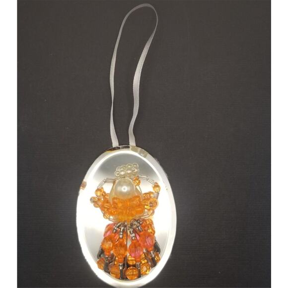 Vintage Beaded Angel Ornament Mirror 3" Bright Orange Pearl Handmade Safety Pins - Picture 2 of 5